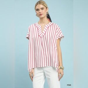 Umgee Mixed Stripe Split Neck Oversized Blouse